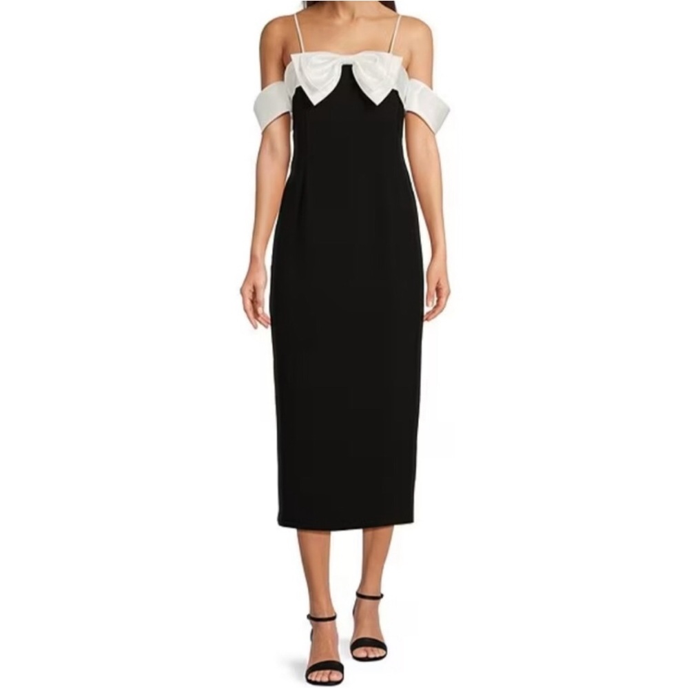 Elegant Alex Marie Black and White Off-Shoulder Dress.